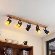 Lindby Kimban plafondspot, 5-lamps, 106 cm, hout, metaal