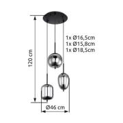 Hanglamp Blacky, zwart/rookgrijs, Ø 46 cm, glas, 3-lamps.