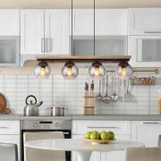 Conni hanglamp, lengte 85 cm, rookgrijs, hout/glas, 4-lamps.