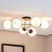 Plafondlamp Magnum, 6-lamps, opaalwit/goud/zwart, glas