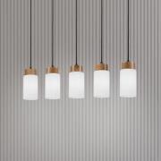 Markus hanglamp, opaalglas/eikenhout Lengte 100 cm 5-lamps.