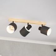 Batallas plafondspot, lengte 48 cm, zwart/hout, 3-lamps.