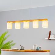 Castralvo hanglamp, lengte 115 cm, hout/wit, 5-lamps, stof